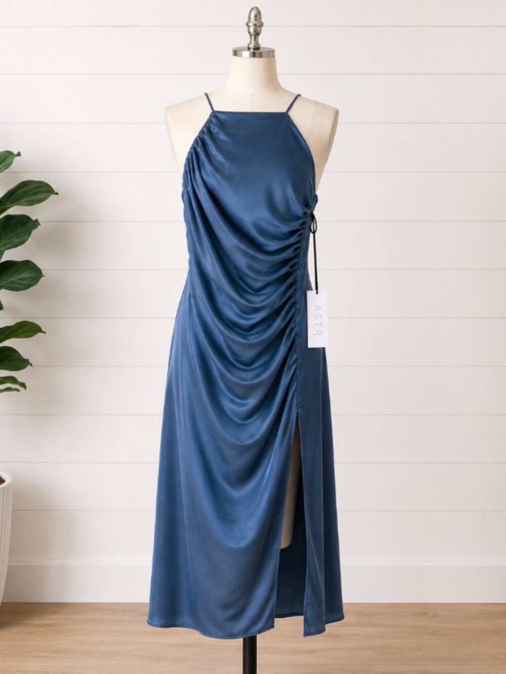 ASTR The Label Women’s Ruched Satin Halter Maxi Dress Steel Blue Size M NWT